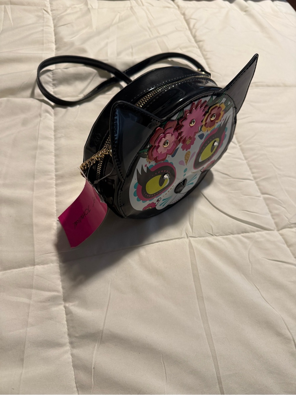 Betsey Johnson Black Floral Cat Face Crossbody with Yellow Eyes - Picture 2 of 3